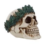 Statue tête de mort ornée d'une couronne de feuilles - 12 cm