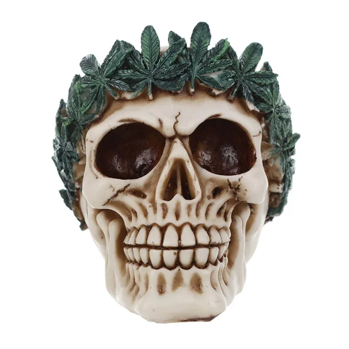 Statue tête de mort ornée d'une couronne de feuilles - 12 cm – Image 2