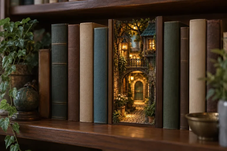 Diorama miniature éclairé représentant un passage secret entre des livres