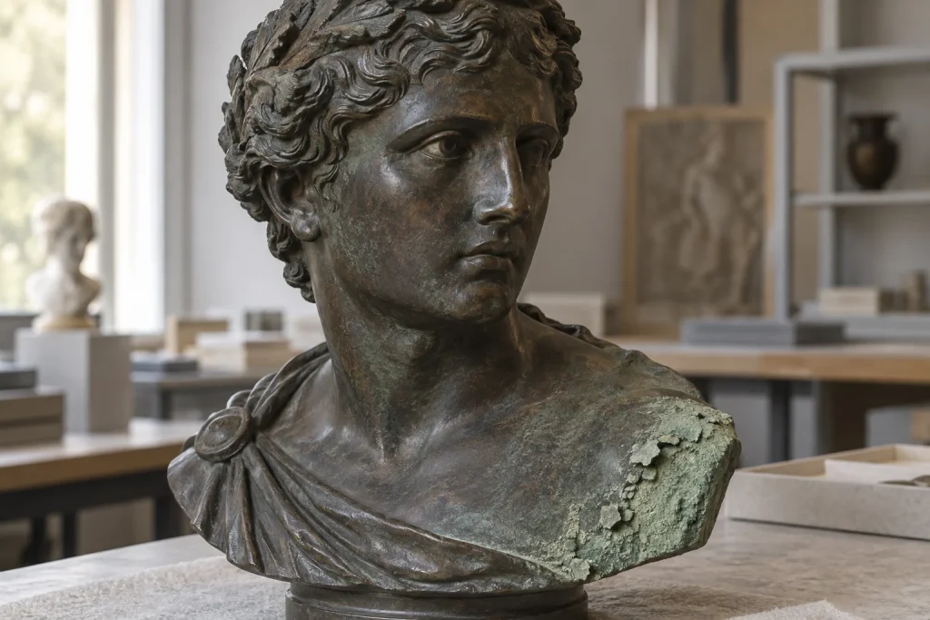 Buste en bronze à patine sombre avec une zone poudreuse vert pâle sur l’épaule