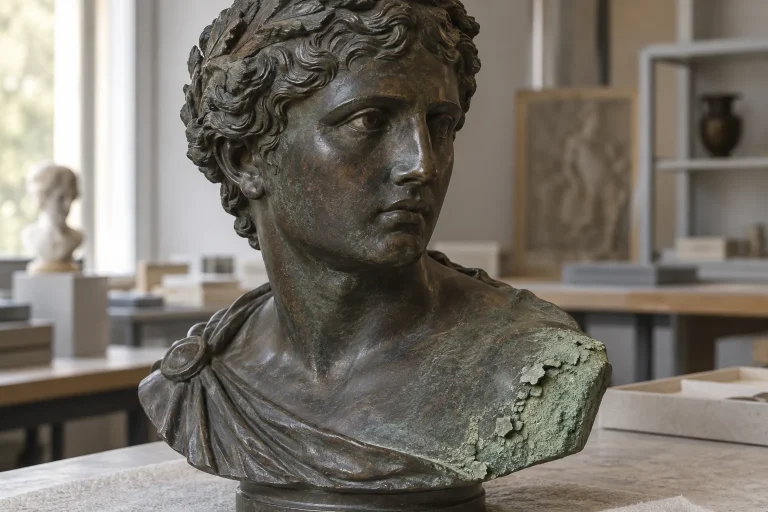 Buste en bronze à patine sombre avec une zone poudreuse vert pâle sur l’épaule